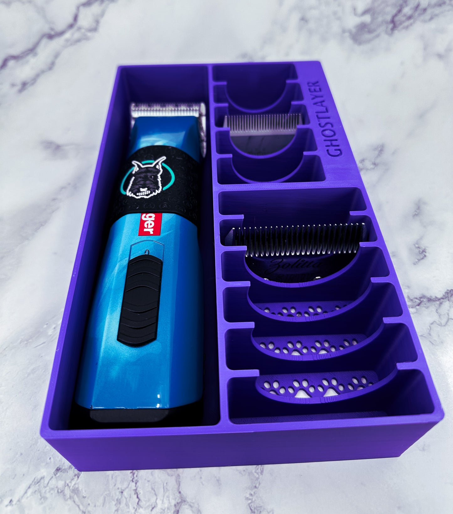 The Brussels Griffon -- Dog Grooming Clipper and Blade Holder. Holds One Large Clipper, 6 Wide and 5 Standard Blades. Optional Lid.