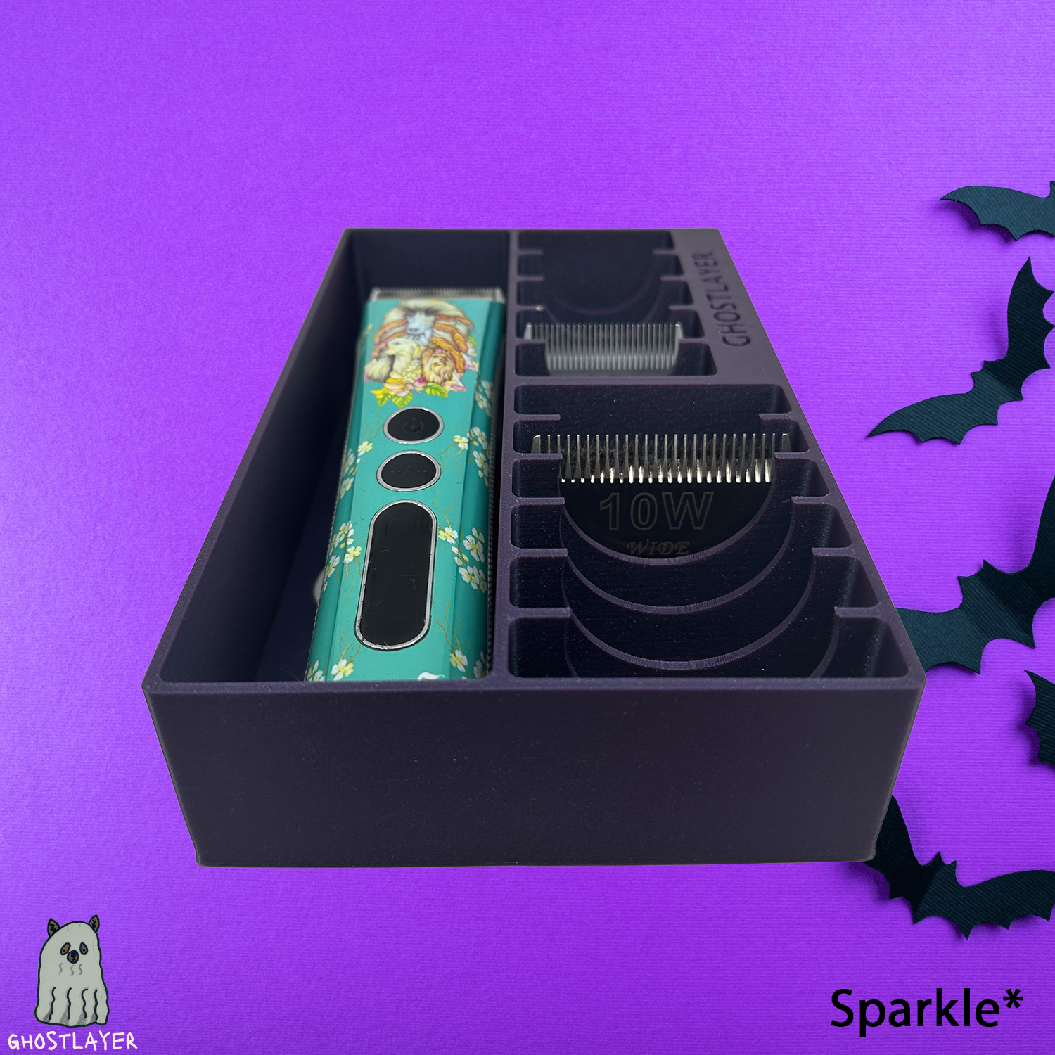 *Halloween* Brussels Griffon -- Dog Grooming Clipper and Blade Holder. Holds One Large Clipper, 6 Wide and 5 Standard Blades. Slime Lid.