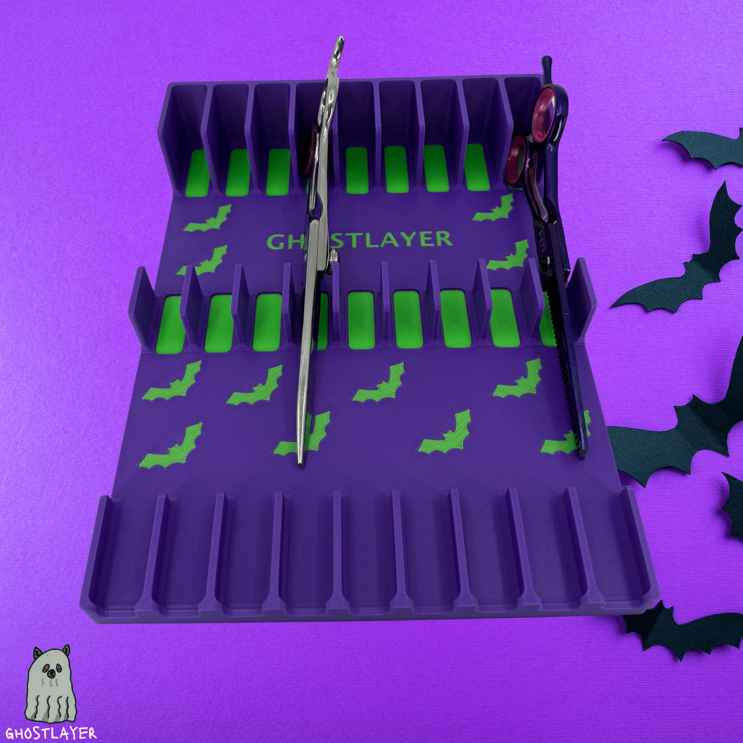 Drawerganizer *Halloween* Shears Low Profile Grooming Shear Toolbox Drawer Organizer- Holds 9 Shears- *Ghastly Green and Purple*