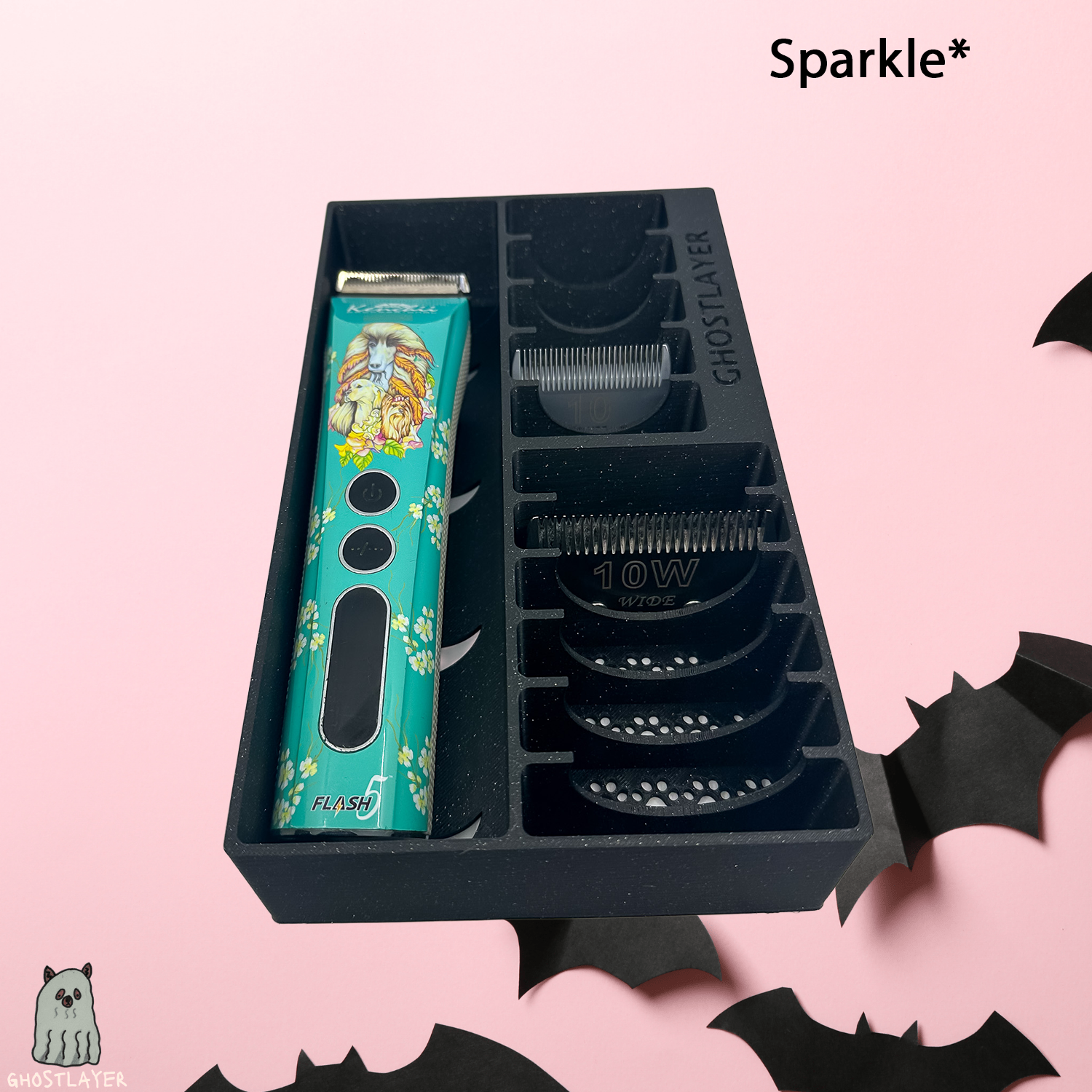 *Halloween* Brussels Griffon -- Dog Grooming Clipper and Blade Holder. Holds One Large Clipper, 6 Wide and 5 Standard Blades. Slime Lid.