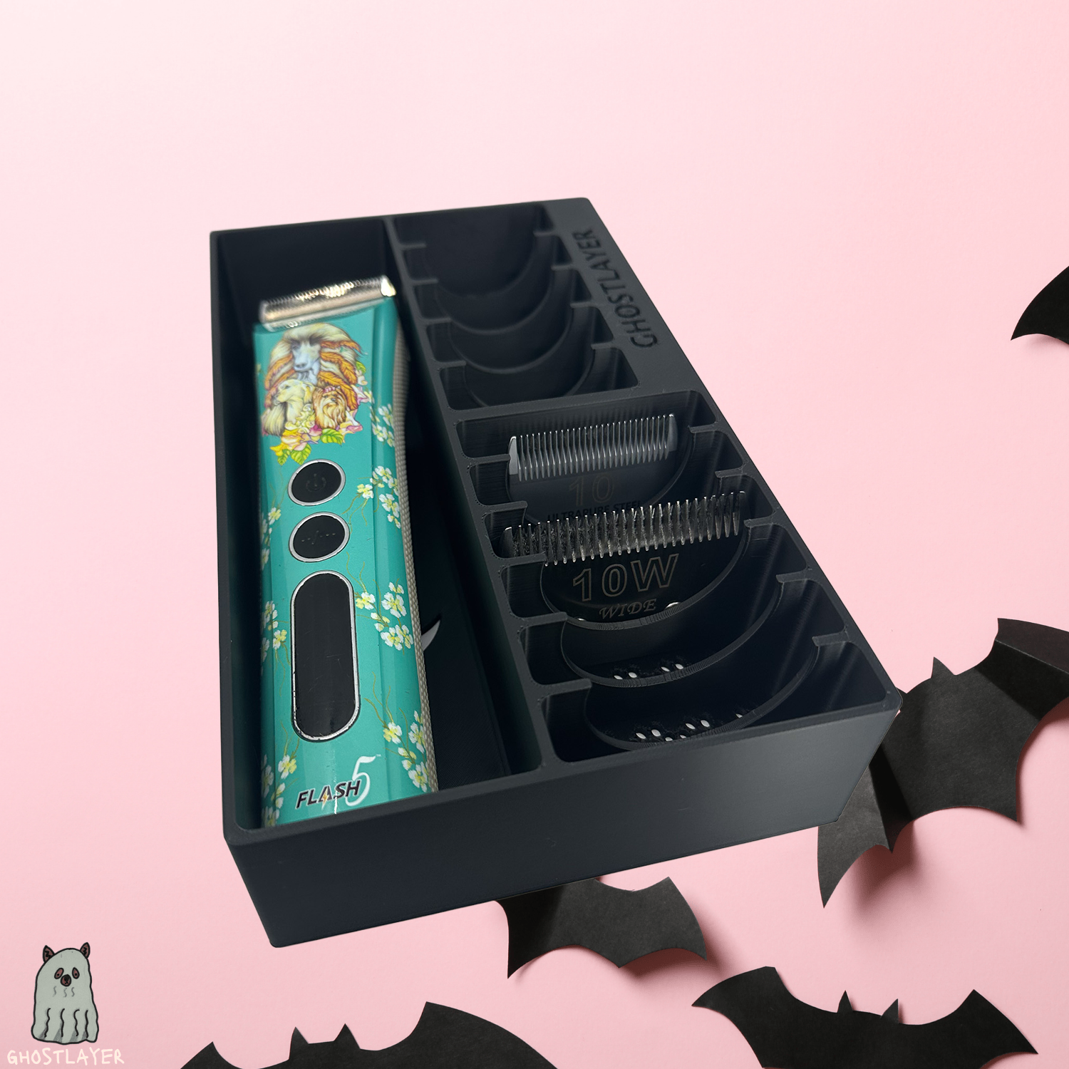 *Halloween* Brussels Griffon -- Dog Grooming Clipper and Blade Holder. Holds One Large Clipper, 6 Wide and 5 Standard Blades. Slime Lid.