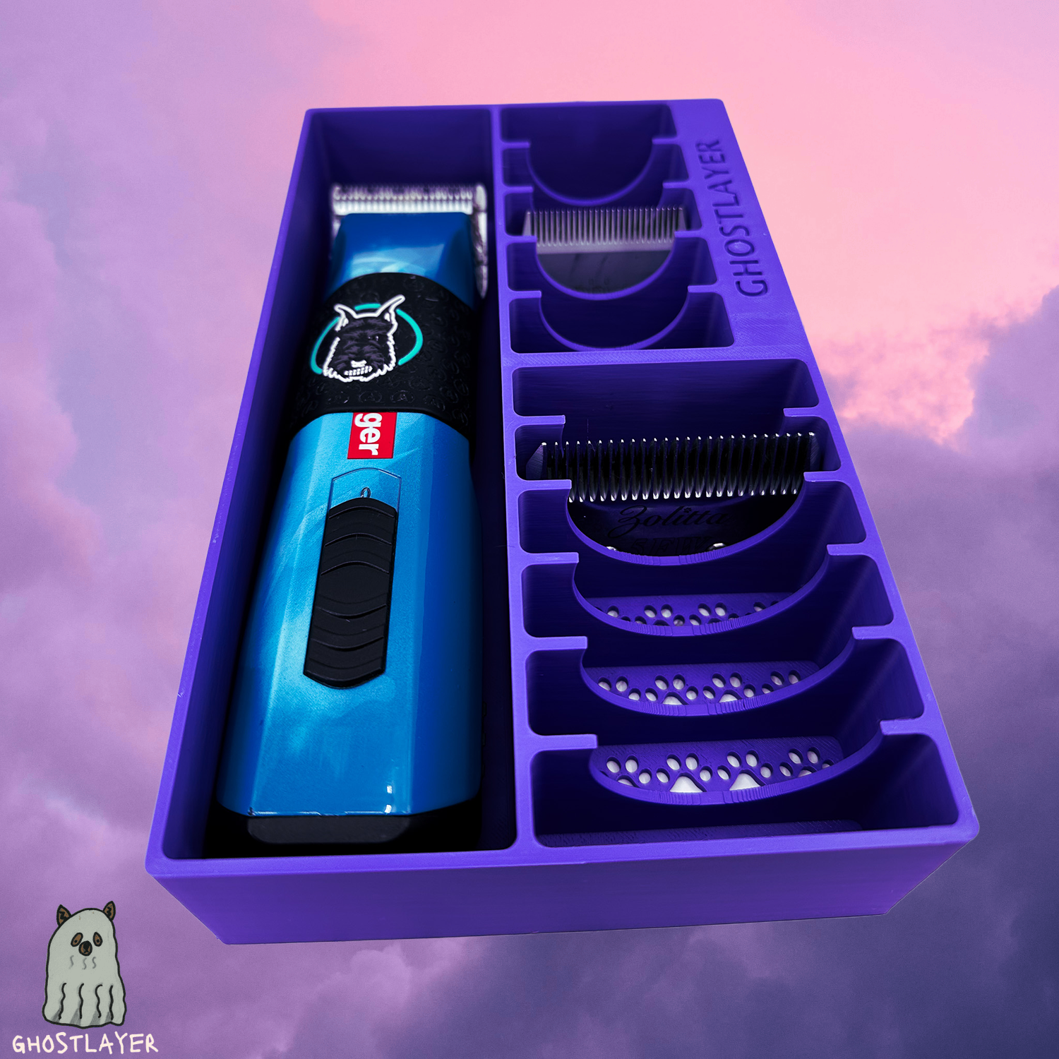 The Brussels Griffon -- Dog Grooming Clipper and Blade Holder. Holds One Large Clipper, 6 Wide and 5 Standard Blades. Optional Lid.