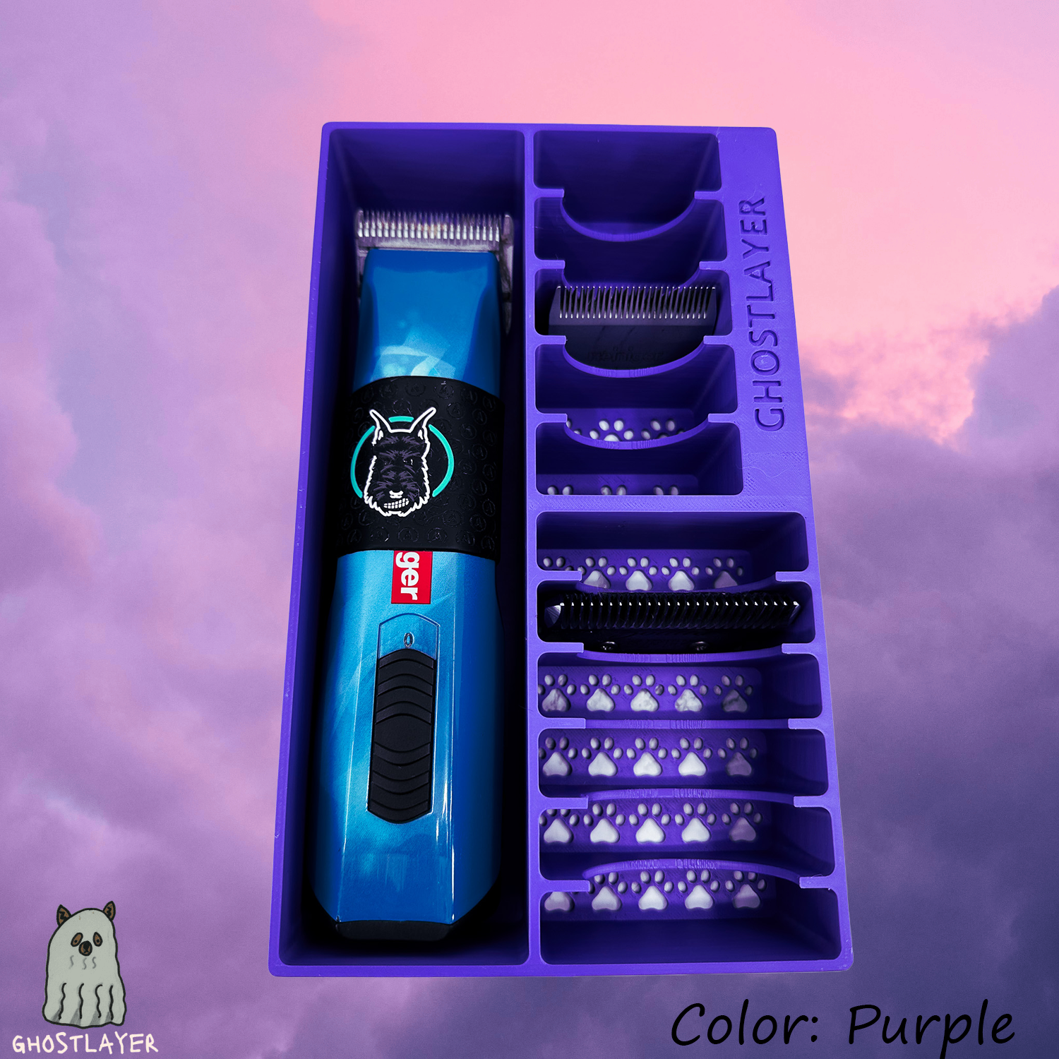 The Brussels Griffon -- Dog Grooming Clipper and Blade Holder. Holds One Large Clipper, 6 Wide and 5 Standard Blades. Optional Lid.