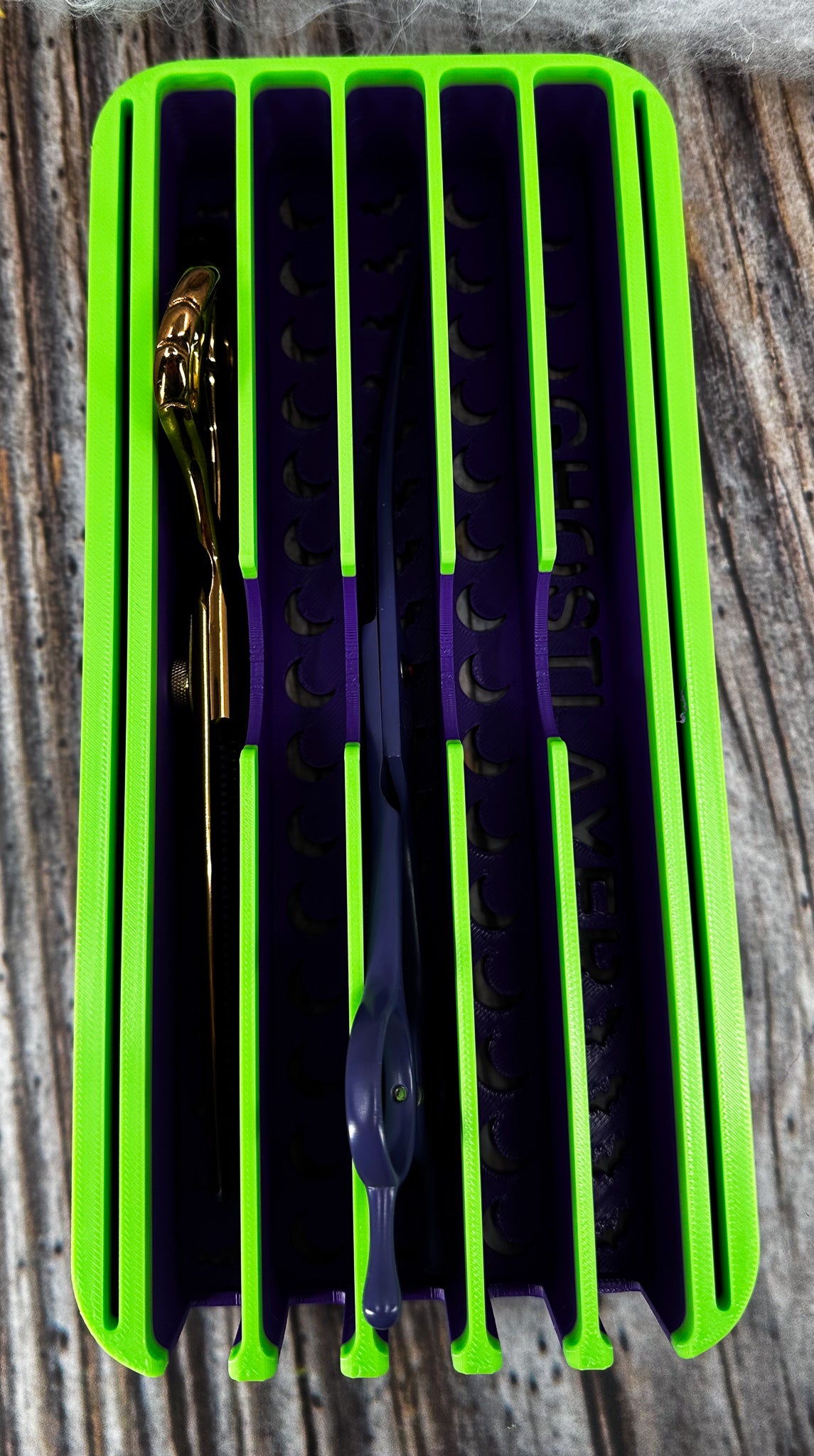 The Mini Sarabi V2 - *Halloween-Ghastly Green and Purple* Lay Flat Dog Grooming Scissor Holder | Holds 5 Scissors 2 Combs |