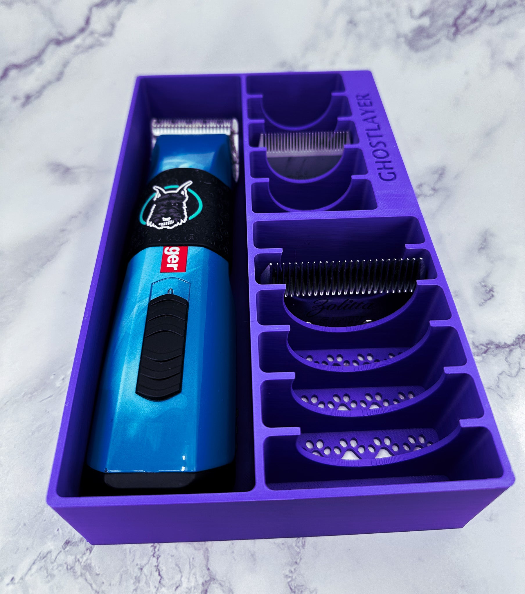 The Brussels Griffon -- Dog Grooming Clipper and Blade Holder. Holds One Large Clipper, 6 Wide and 5 Standard Blades. Optional Lid.