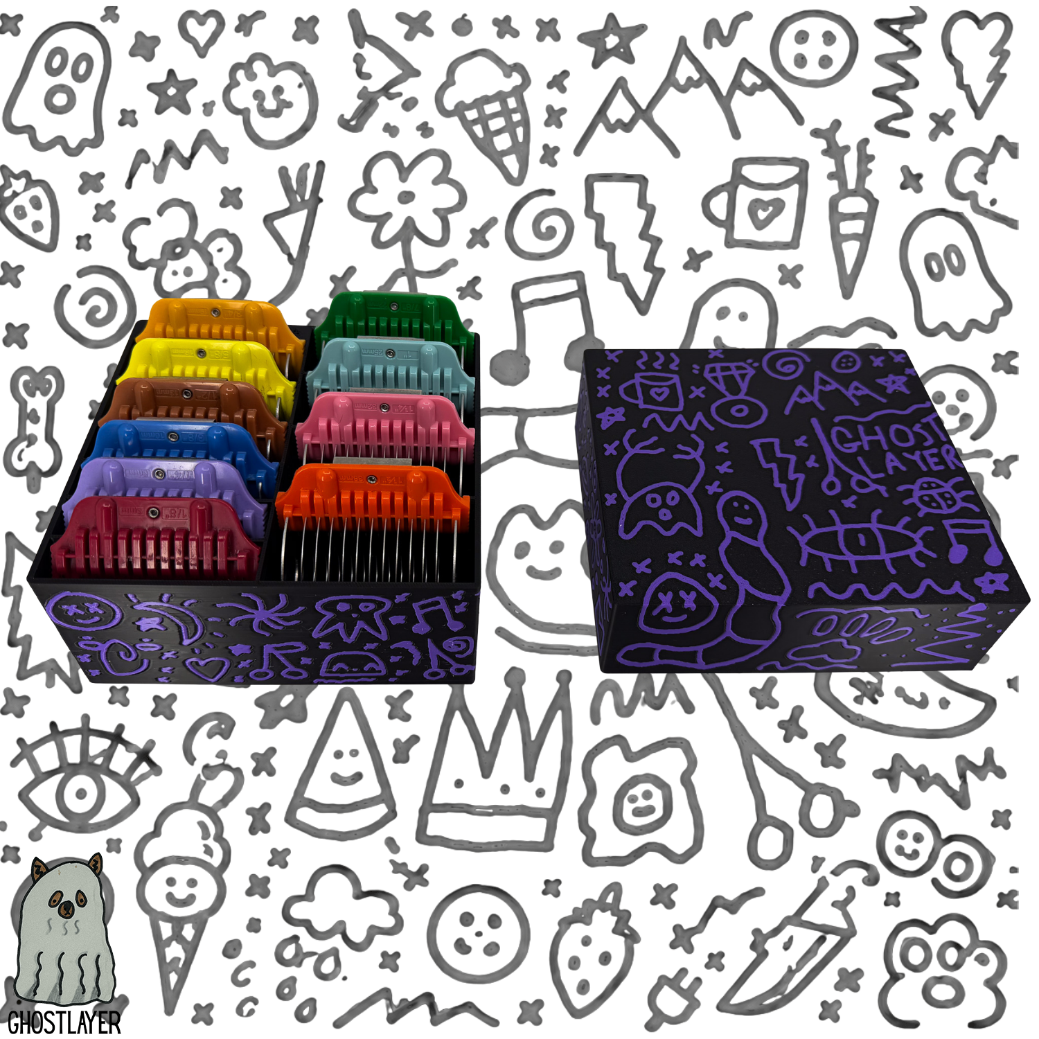 *Ghost Graffiti* Dog Grooming *Wide* Size Clipper Blade Comb Holder and Lid | up to 10 | Zolita