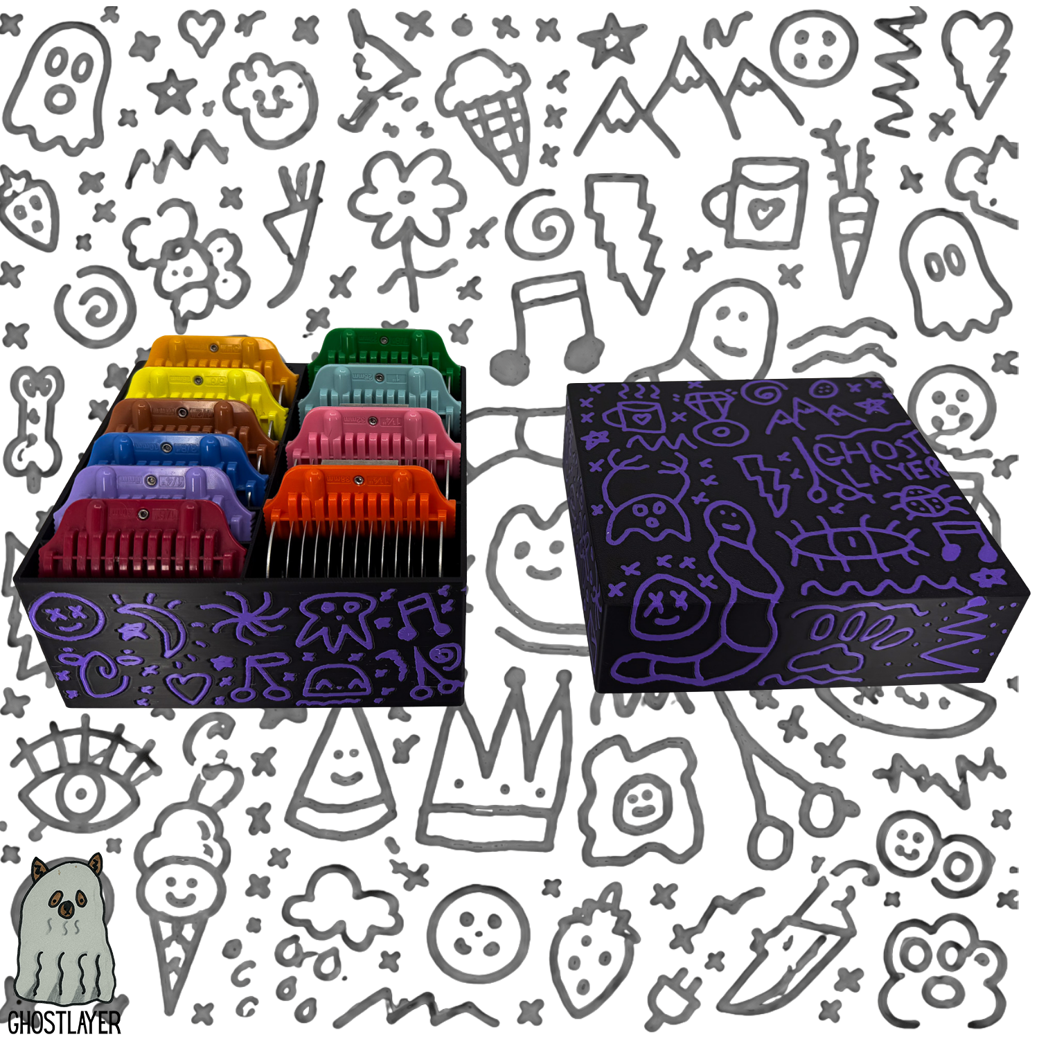 *Ghost Graffiti* Dog Grooming *Wide* Size Clipper Blade Comb Holder and Lid | up to 10 | Zolita