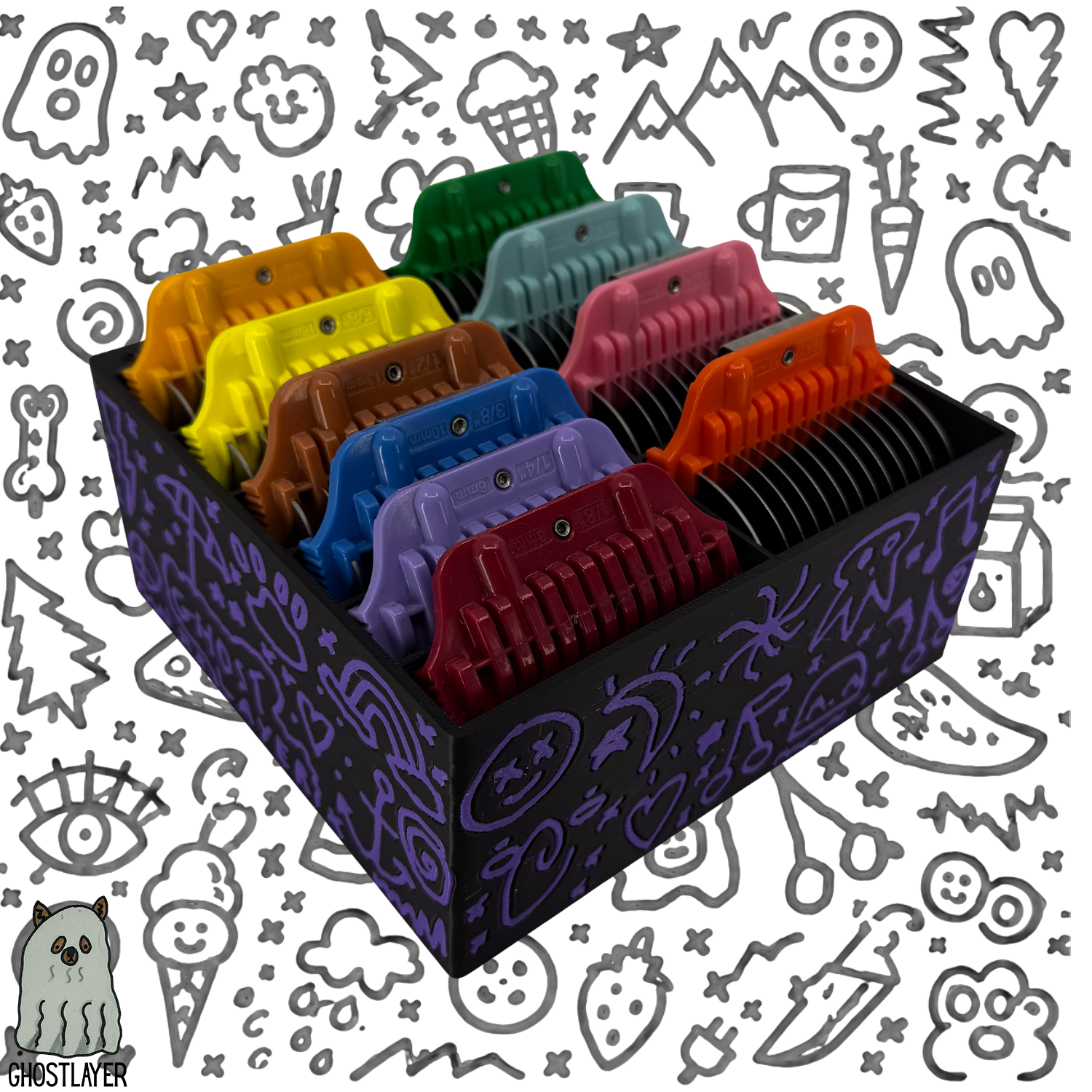 *Ghost Graffiti* Dog Grooming *Wide* Size Clipper Blade Comb Holder and Lid | up to 10 | Zolita