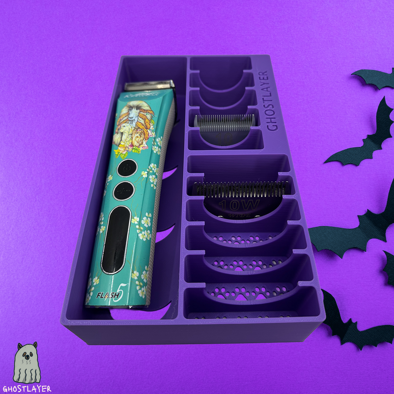 *Halloween* Brussels Griffon -- Dog Grooming Clipper and Blade Holder. Holds One Large Clipper, 6 Wide and 5 Standard Blades. Slime Lid.