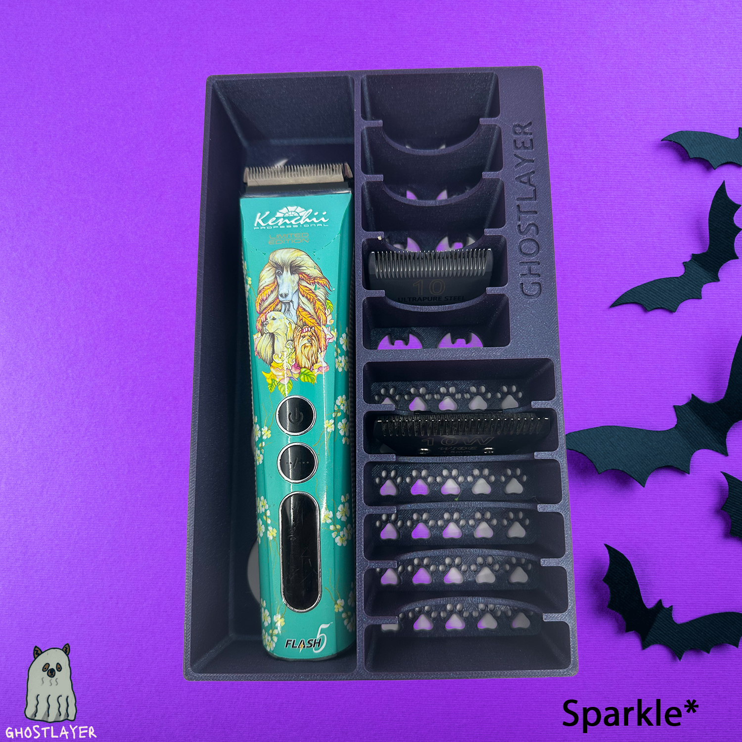 *Halloween* Brussels Griffon -- Dog Grooming Clipper and Blade Holder. Holds One Large Clipper, 6 Wide and 5 Standard Blades. Slime Lid.