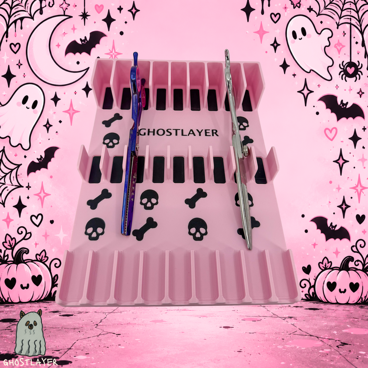 Drawerganizer *Coquette Halloween* Shears Low Profile Grooming Shear Toolbox Drawer Organizer- Holds 9 Shears- *Gothic Black and Pink*