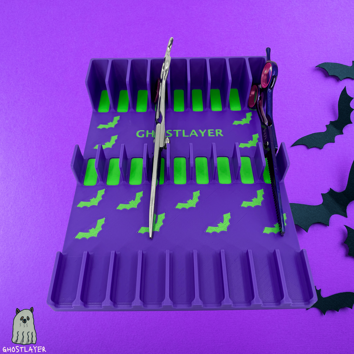 Drawerganizer *Halloween* Shears Low Profile Grooming Shear Toolbox Drawer Organizer- Holds 9 Shears- *Ghastly Green and Purple*
