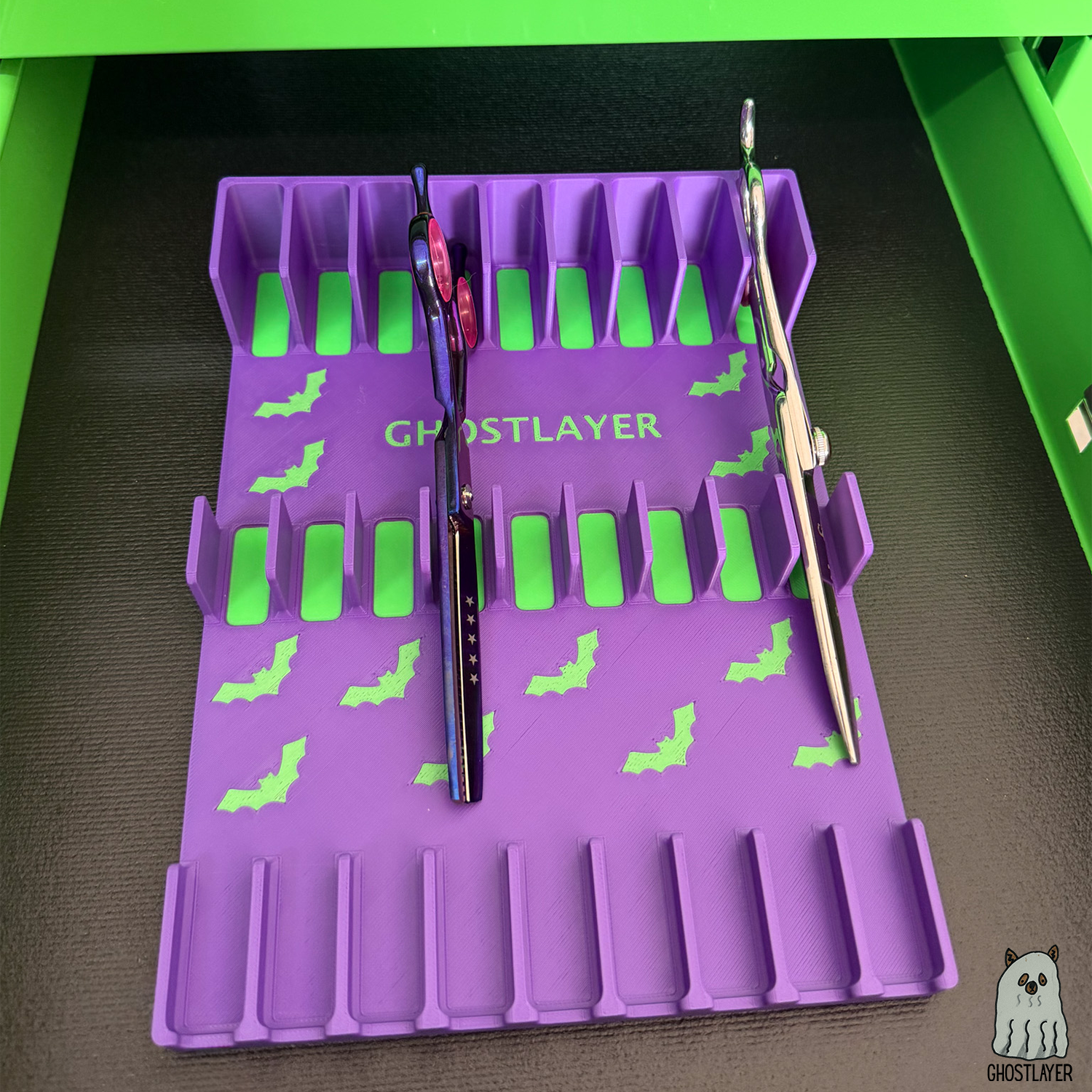 Drawerganizer *Halloween* Shears Low Profile Grooming Shear Toolbox Drawer Organizer- Holds 9 Shears- *Ghastly Green and Purple*