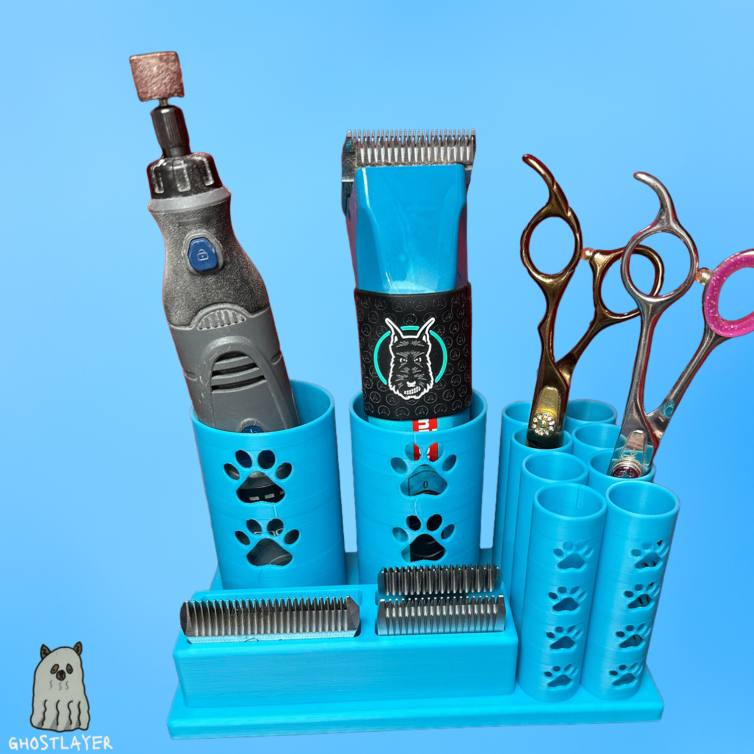 The Mini Mutt-- Dog Grooming Brush Holder, 8 Scissors, 2 Standard Blades, 2 Wide Blades and 2 Clippers