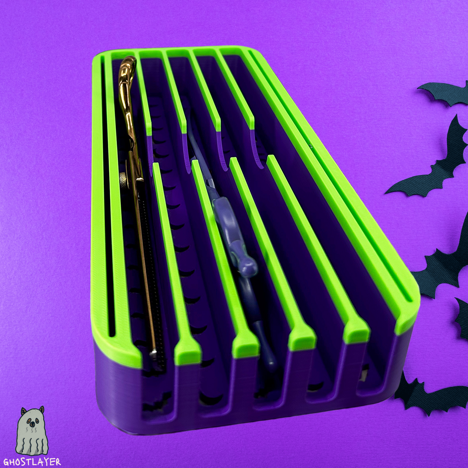 The Mini Sarabi V2 - *Halloween-Ghastly Green and Purple* Lay Flat Dog Grooming Scissor Holder | Holds 5 Scissors 2 Combs |