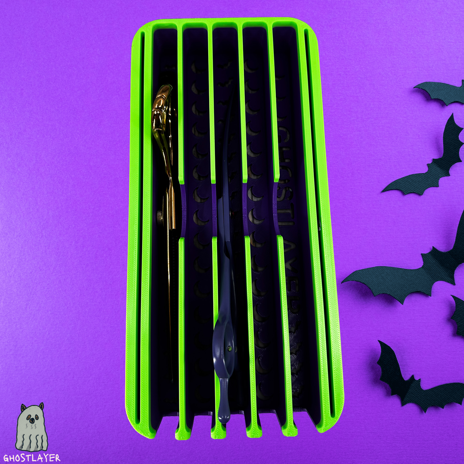 The Mini Sarabi V2 - *Halloween-Ghastly Green and Purple* Lay Flat Dog Grooming Scissor Holder | Holds 5 Scissors 2 Combs |